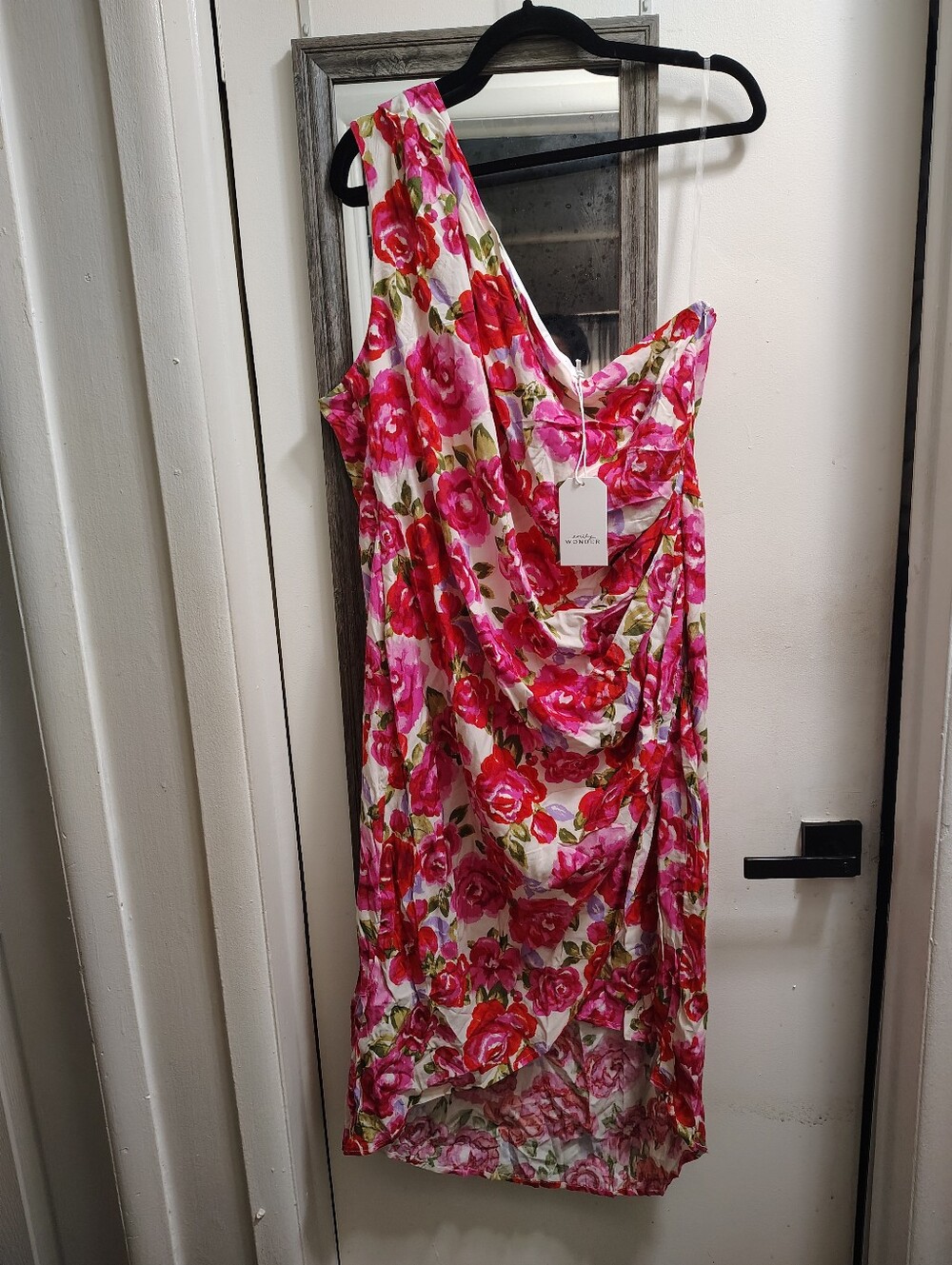 Wonder Floral One-Shoulder Pink & Red Sheath Dress - Picture 4 of 5